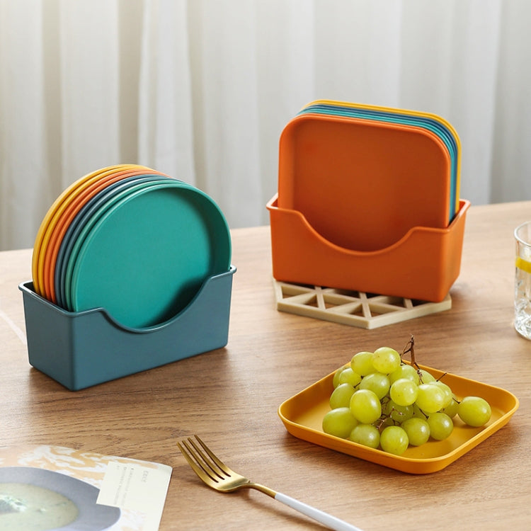 Plastic plate organizer base set, teal and orange/blue with stacked plates