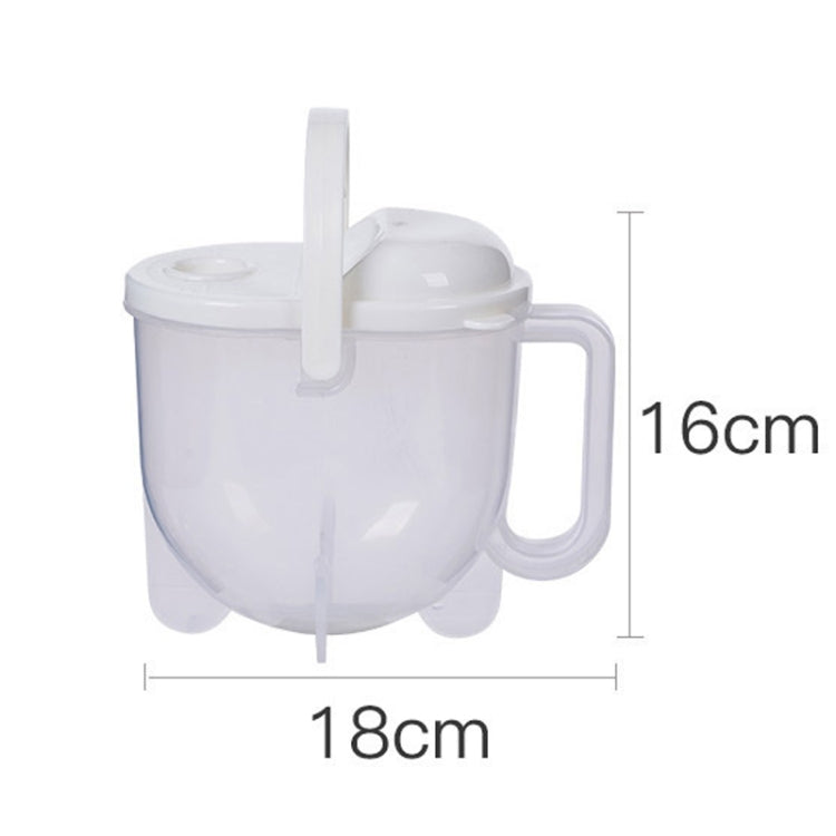 Plastic rice washer measuring 18cm wide and 16cm high with side pour handle