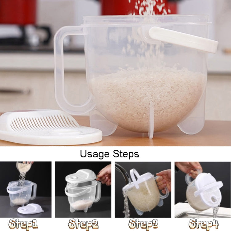 Plastic rice washing sieve with lid and round filter insert to prevent rice spills