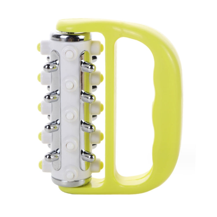 Handheld curved iron roller massage tool with five chrome rollers and yellow handle
