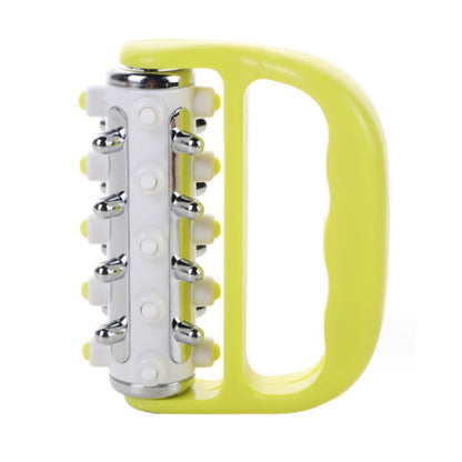 Handheld curved iron roller massage tool with five chrome rollers and yellow handle