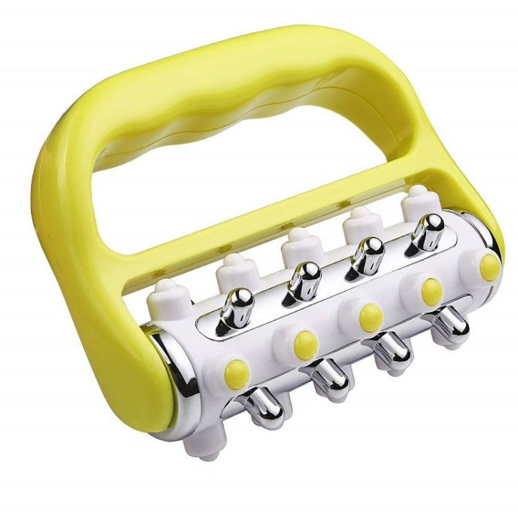 Handheld curved iron roller massager with five chrome rollers and yellow grip