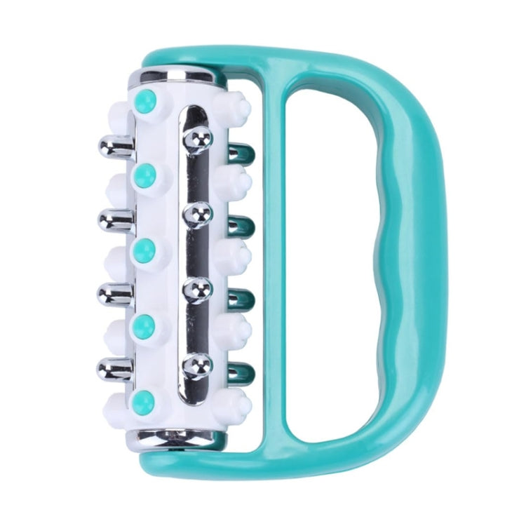Handheld curved iron roller soothing massager with five chrome rollers and teal handle