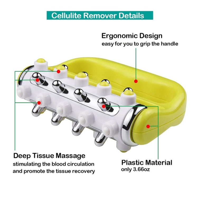 Handheld curved iron roller massage tool with five chrome rollers on white body