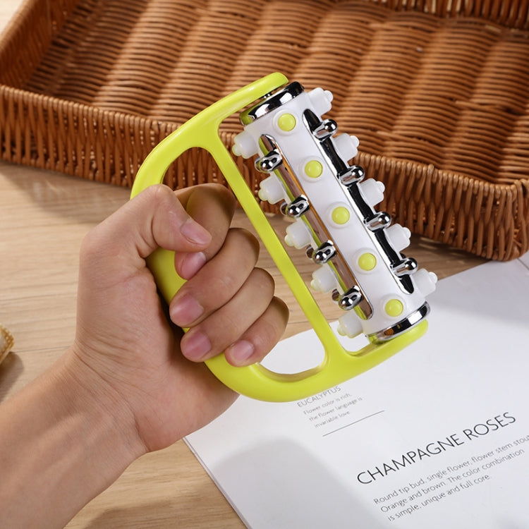 Handheld curved iron roller massager with yellow handle and five chrome rollers