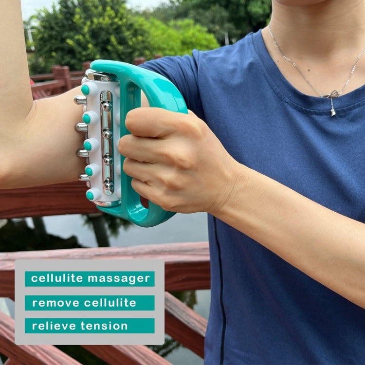 Hand holding teal handheld iron roller massager with five chrome rollers