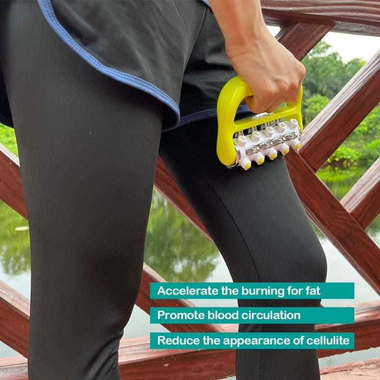 Yellow handheld curved iron roller massager with five chrome rollers near seated leg