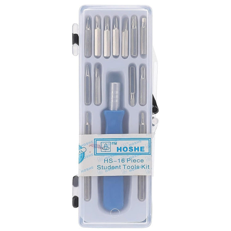 Mini screwdriver bit set in clear plastic case with blue handle, 16 pieces