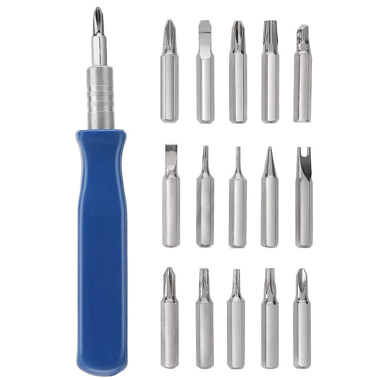 Blue-handled mini screwdriver with assorted metal bits, 16-piece kit