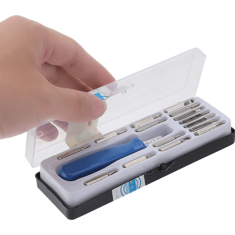 Open mini screwdriver kit case showing blue handle and metal screwdriver bits