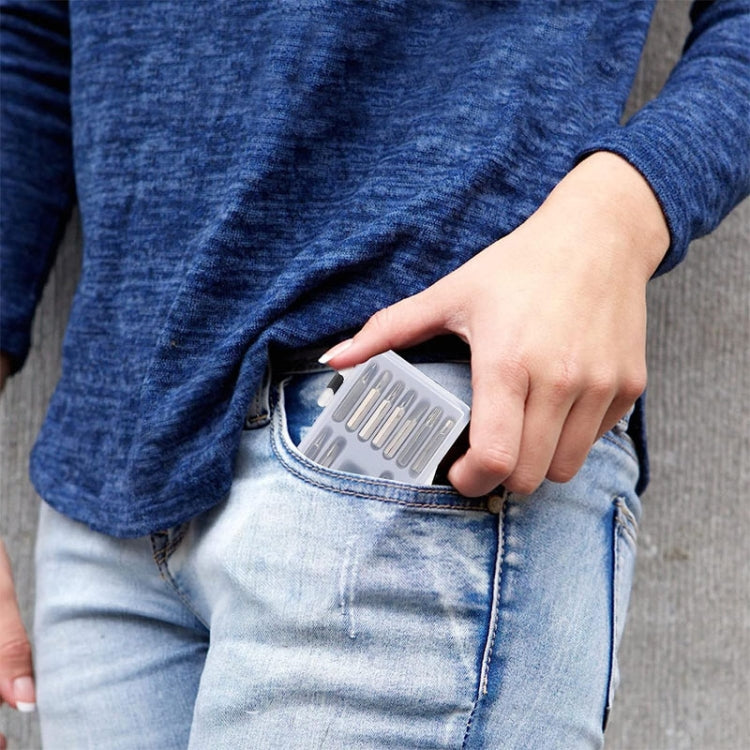 Blue-handled mini screwdriver kit stored in a jeans pocket