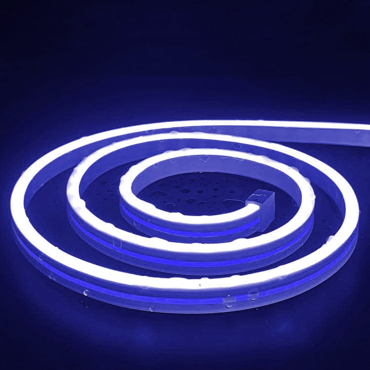 Blue glowing flexible LED neon light strip coiled with USB connector.
