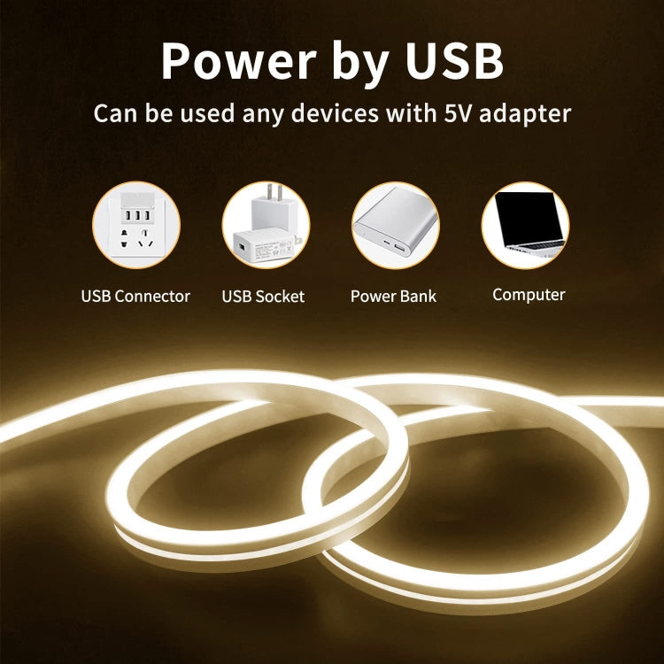USB-powered flexible LED neon light strip with USB connector and cable.