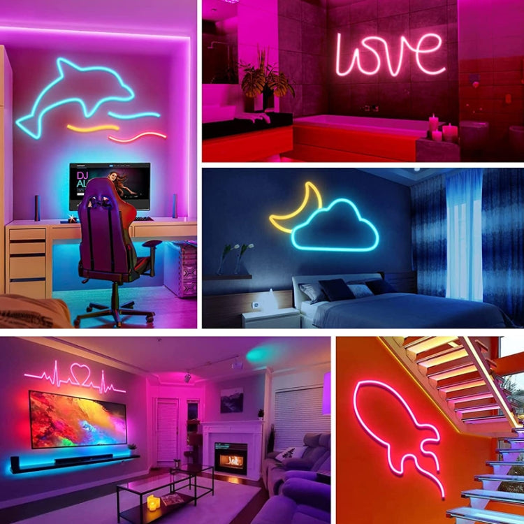 USB flexible neon LED light strip set with glowing "LOVE" outline in a room
