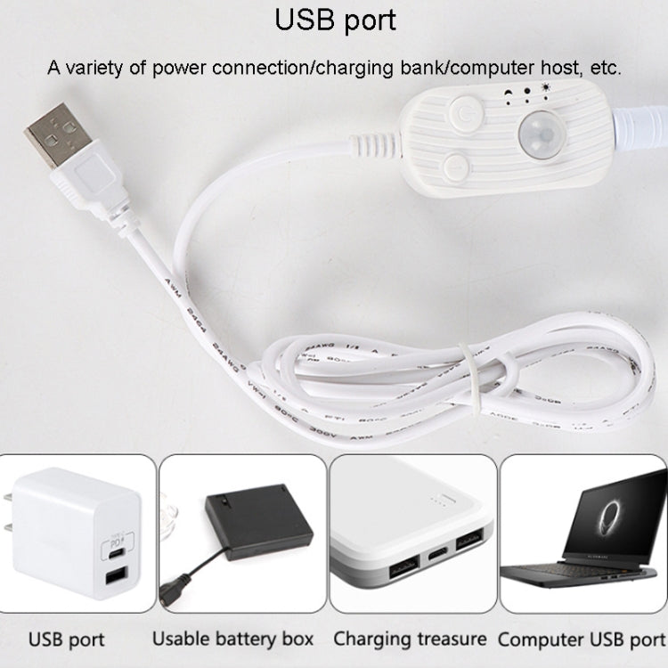 White LED light strip with USB cable and connector, showing power and charging options