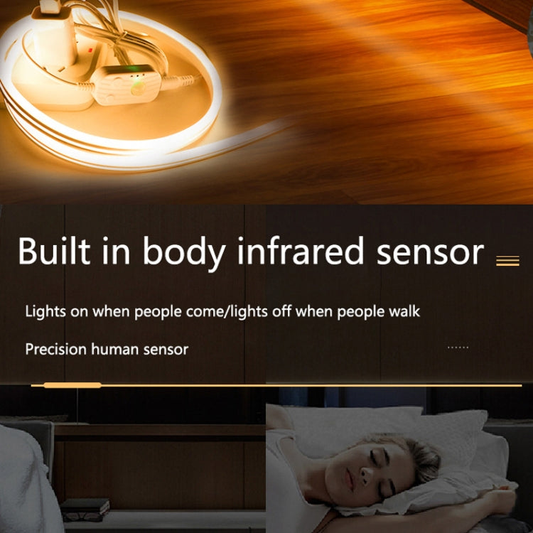 Built-in body infrared sensor LED strip mounted under shelf, warm light on