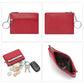 Red leather mini wallet with keychain ring and zip pockets, front and back.