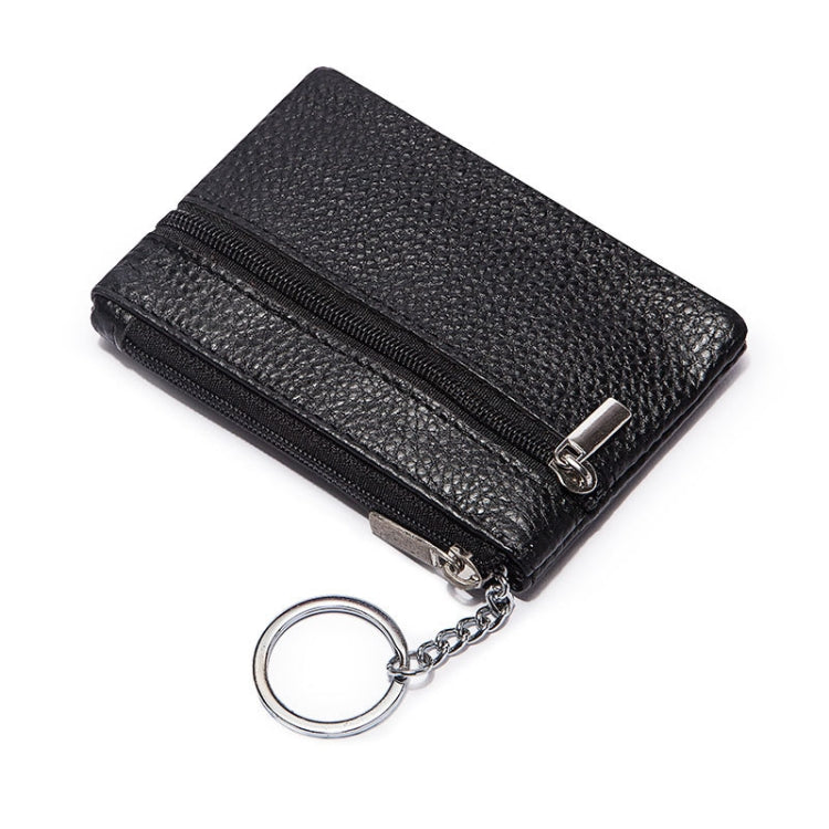 Black leather mini wallet with two zip compartments and keychain ring.