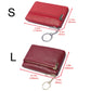 Red leather mini wallet with keychain ring and zip closure, compact design.