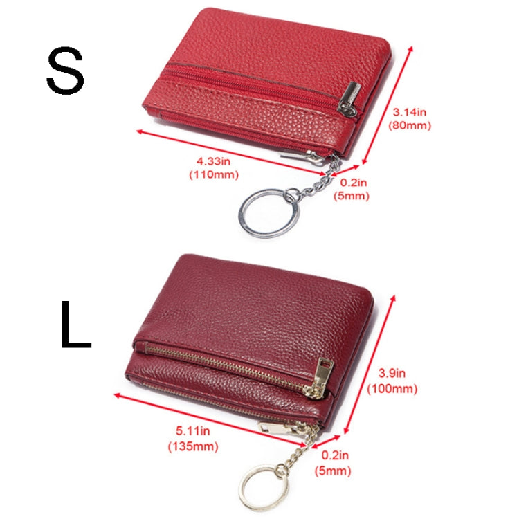 Red leather mini wallet with keychain ring and zip closure, compact design.