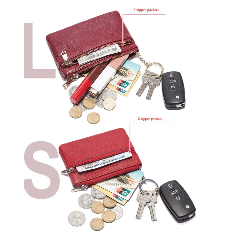 Red leather mini wallet with coins, cards, and keys shown inside zip pockets.