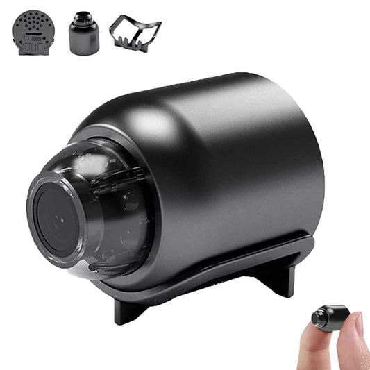 Mini bullet security camera, dark gray cylindrical body with front lens and angled bracket
