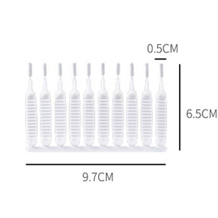 Set of 10 white shower hole cleaning brushes, size labeled 9.7 x 6.5 cm