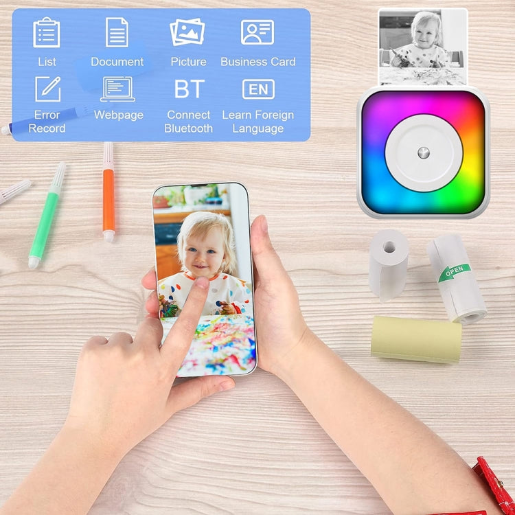 Portable mini Bluetooth inkless printer with RGB light and smartphone printing output