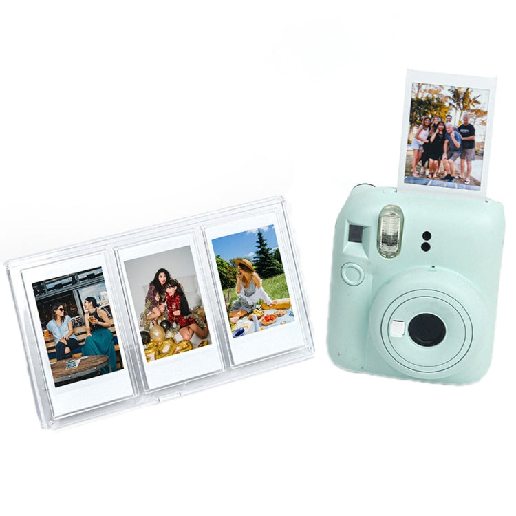 Clear three-square vertical photo frame displaying three photos