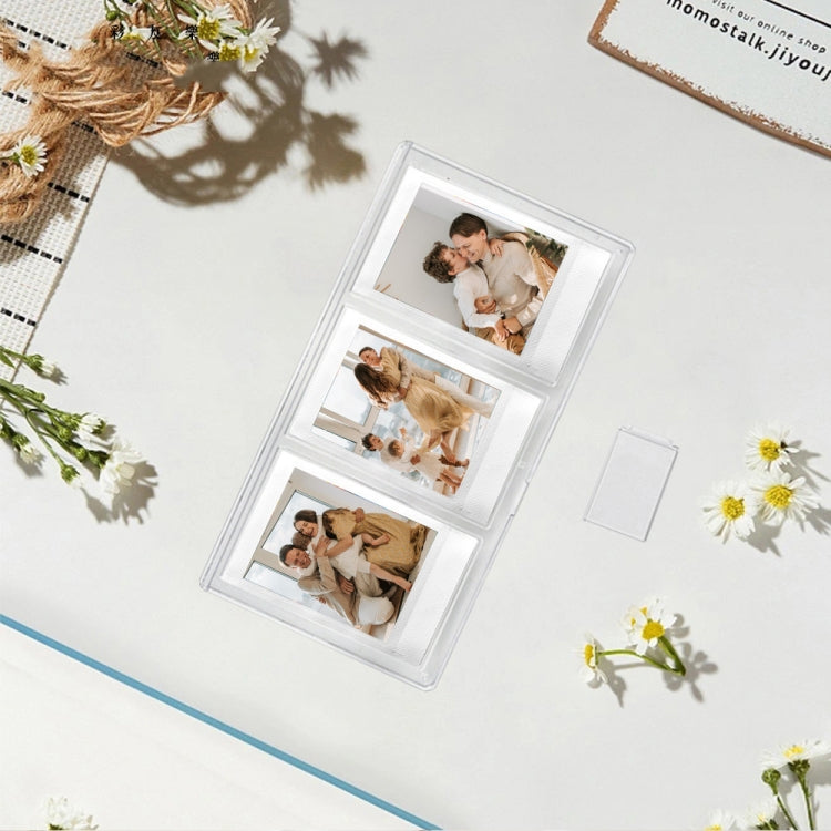 Clear vertical three-square photo frame with three family photos