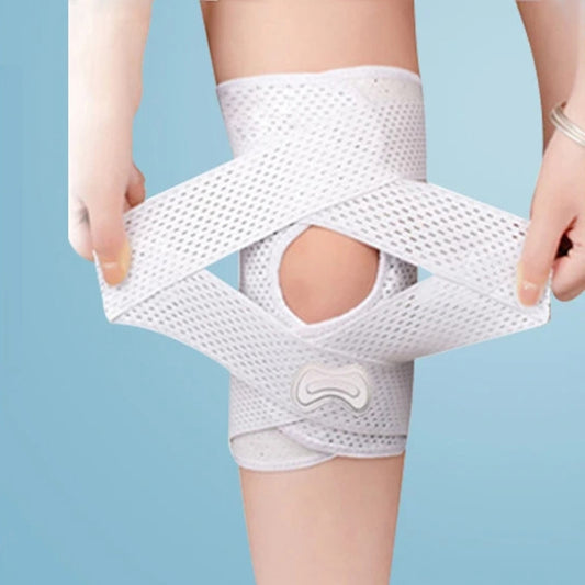 White breathable sports knee brace with adjustable strap and patella cutout