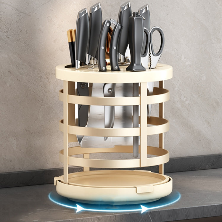 Cream fixed knife and utensil organizer cylinder with open slots and circular base