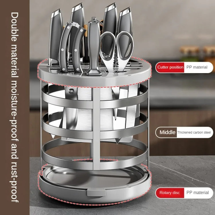 Rotary stainless steel knife organizer cylinder with multi-tier storage and base disk