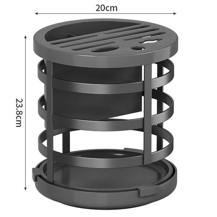 Dark gray cylindrical knife organizer with round top, side rings, and bottom tray base