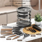 Stainless steel knife organizer cylinder with slotted rotating top and storage racks