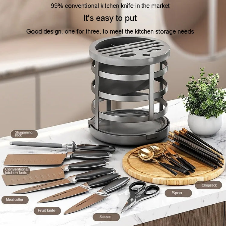 Stainless steel knife organizer cylinder with slotted rotating top and storage racks