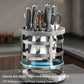 Rotary stainless knife storage cylinder with round base and slots for multiple knives