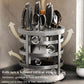 Stainless steel rotating knife rack cylinder with open storage compartments for knives