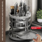 Stainless steel knife storage cylinder with knife slots and removable bottom tray