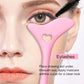 Pink silicone eyelash guide placed under the eye with heart cutout
