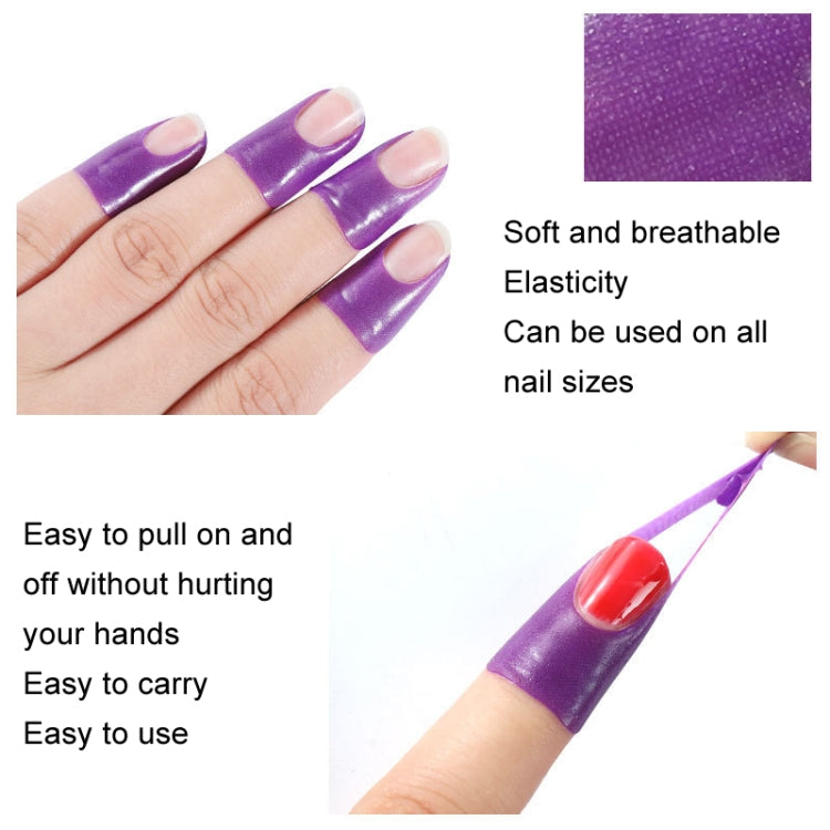 Purple U-shaped nail protector stickers applied on short nails and shown in close-up