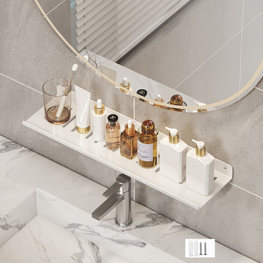 Wall-mounted bathroom vanity faucet rack shelf, white finish, no-hole organizer