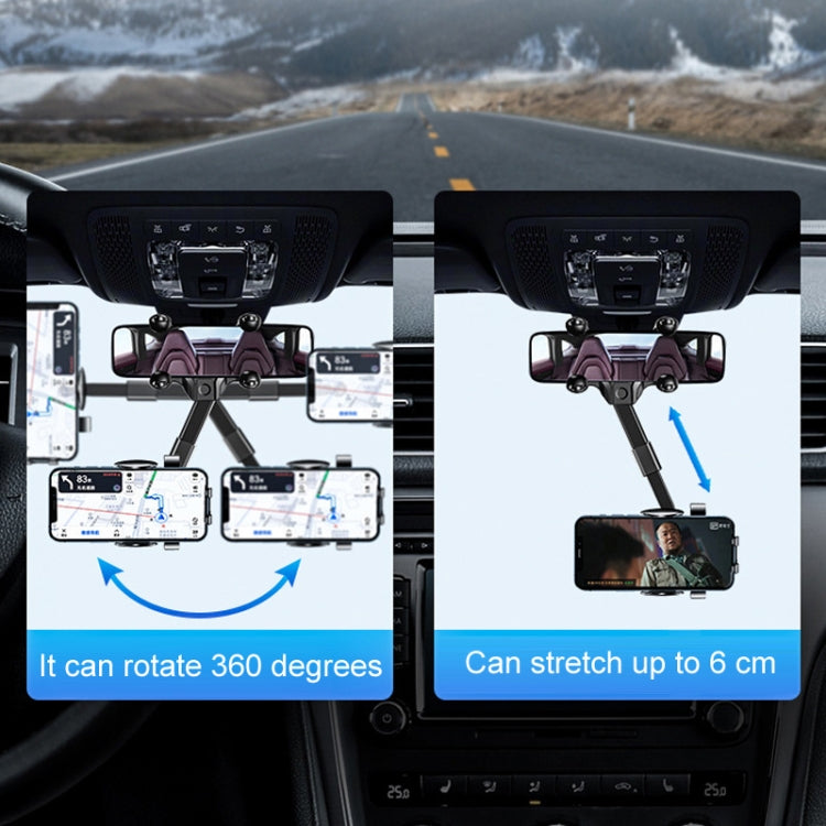 Black car rearview mirror phone holder with retractable arms gripping a phone