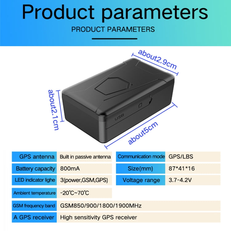 Black GPS tracker product diagram with top view and dimension markers