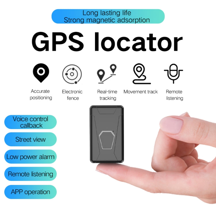 Black GPS locator device held in a hand, front-facing view
