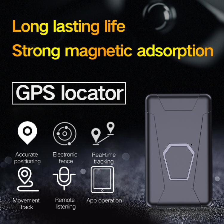 Black GPS locator device showing front hex panel on a dark background
