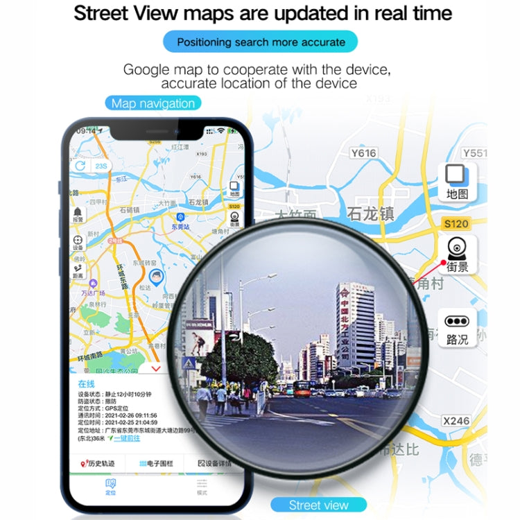 Smartphone screen with map navigation and street view lens overlay