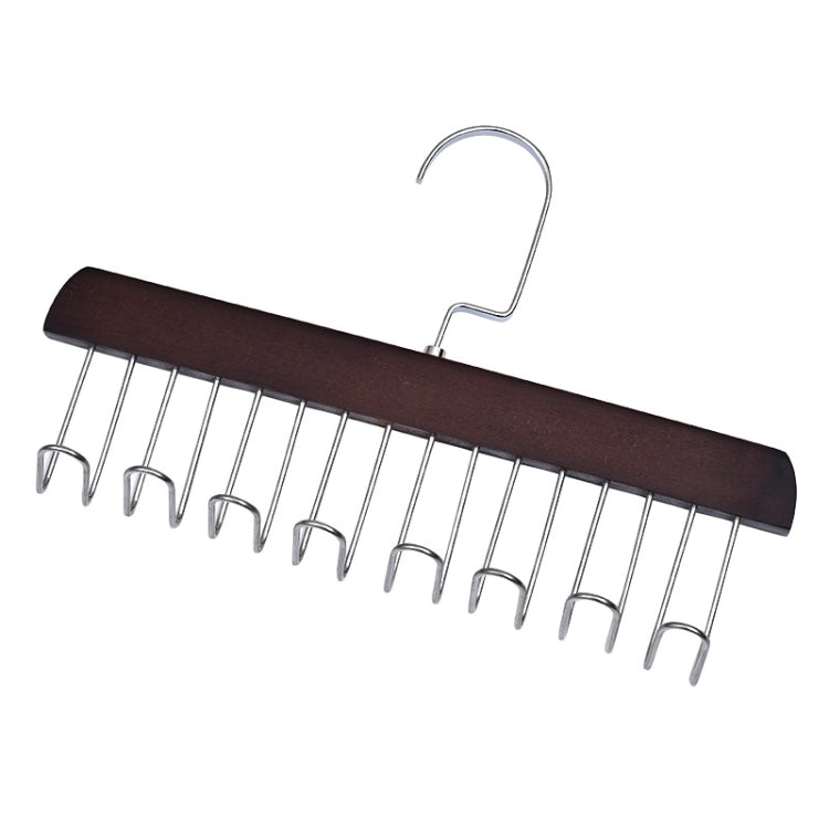 Dark wood hanger rack with wave-style chrome hooks and an S-shaped hook