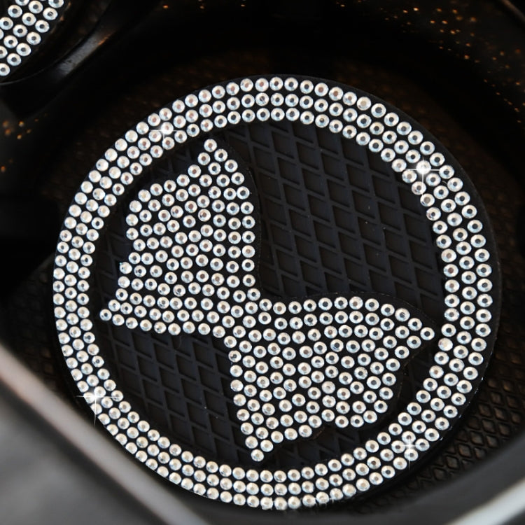 Car anti-slip coaster with diamond-bow crystal border, white rhinestones on black mat