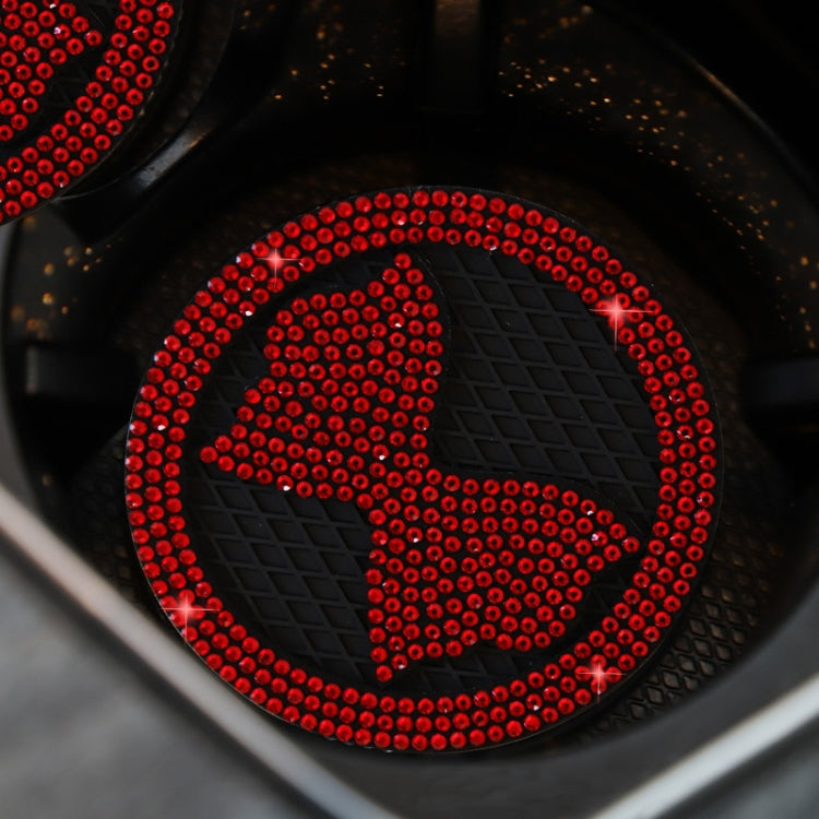 Car anti-slip coaster with diamond-bow crystal, red rhinestones on black textured mat